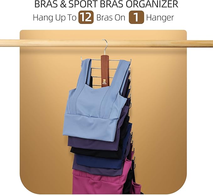 ZEDODIER Tank Top Hanger，2 Pack Wooden Bra Organizer for Closet, 12 Storage Capacity, Top 360° Rotation, Hanging Space Saving Hook for Tank Tops, Sport Bras, Camisoles, Lingeries, Vintage