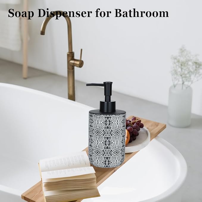 2pcs Hand Soap Dispenser Set, Boho Carving Resin Liquid Soap Dispensers for Bathroom Countertop, Heavy & Sturdy Dish Wash Soap Dispenser for Kitchen, Black