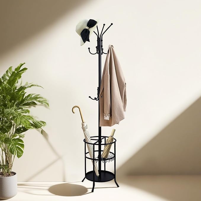 Freestanding Coat Rack with Umbrella Stand,Metal Coat Tree with 12 Hooks, Black Modern Coat Rack Stand,Coat Purse Hat Rack Umbrella Stand for Entryway, Living Room, Bedroom, Office