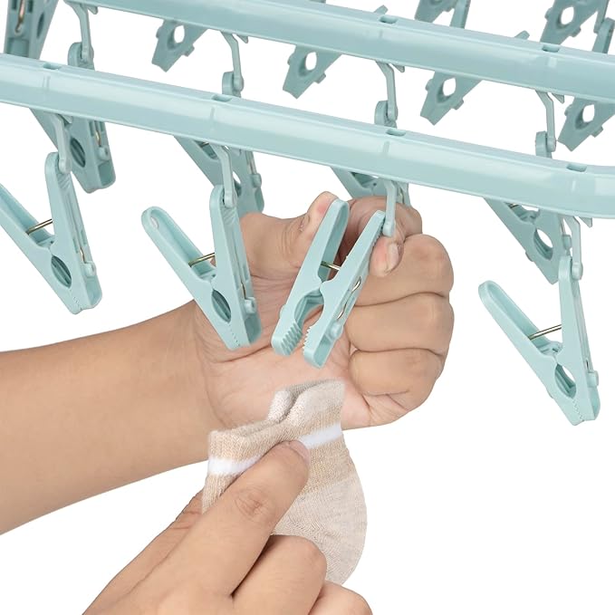 Foldable Clip Hangers with 26 Drying Clips, Underwear Hanger with Clips, Plastic Laundry Clip and Drip Drying Hanger for Socks, Bras, Lingerie, Clothes, Sturdy, Blue, 2pc