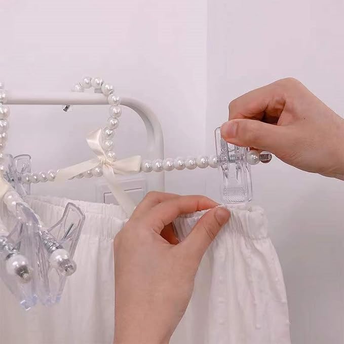 13 inch Pearl Hanger Pants Hangers with Clip,Cute Ribbon Bow Hanger Clip Hangers for Wedding Dress Bride Bridesmaid Lingerie (5, White)