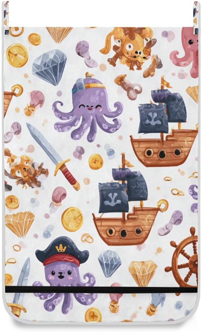 Cute Pirate Octopuses Sailboats Diamonds Hanging Laundry Hamper Door Hampers Bag Basket with Stainless Steel Hooks Oxford Fabric Printing Decorative Clothes Bags 29.5X20inch 1Pack