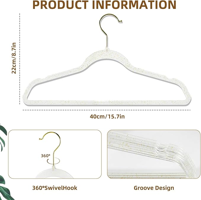 Clear Plastic Hangers - 20 Pack Non-Slip Coat and Clothes Hangers with Bling Glitter for Weddings - Lightweight and Space Saving Closet Organization (Gold Glitter)