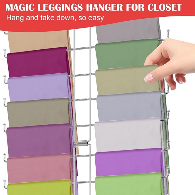 Pants Hanger for Closet, Rotatable Legging Organizer for Closet Hanging, Non-Slip Legging Hanger Holds Up to 20 Leggings (XS–XL), Collapsible Space Saving Yoga Pants Rack for Storage, Silver