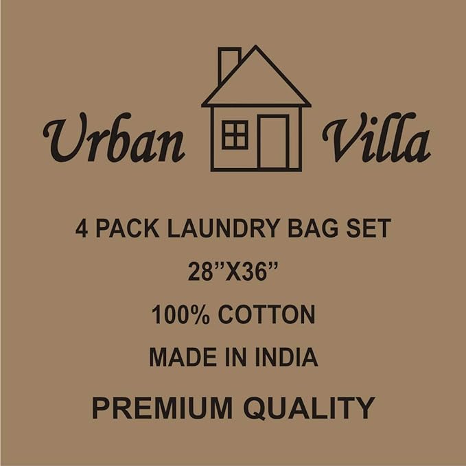 Urban Villa Laundry Bags 4-Pack 28”x36" Extra-Large Cotton Canvas Heavy Duty Washable Durable Travel Laundry Sacks with Drawstring Closure Reusable Hamper Liners for Dirty Clothes Delicates & Lingerie