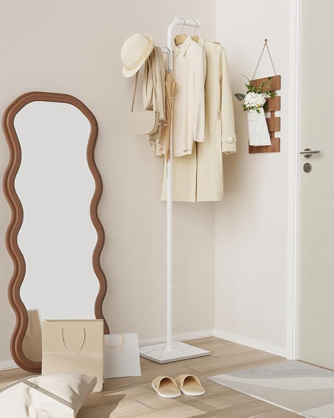 Coat Hanger Stand, Modern Garment Rack with Rock Slab Base, Heavy-duty Metal Clothes Tree for Boutiques, Hallway, Entryway, 68.9 Inches High, White, GYJ012W