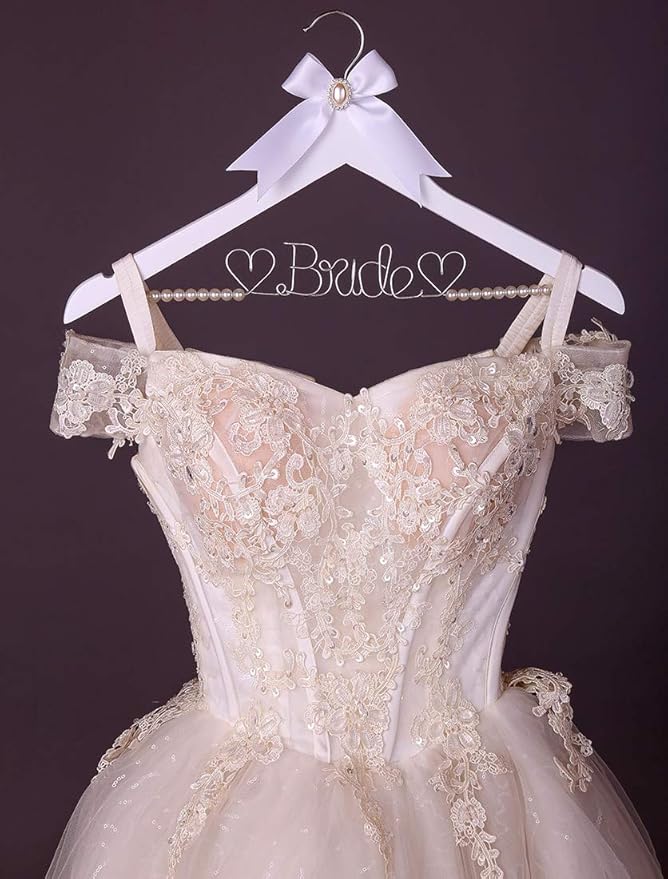 White Solid Wood Bridal Dress Hanger with Bridal Wire Lettering for Bridal Wedding Party Gift (White Coat Hanger Pearl Silver Thread)