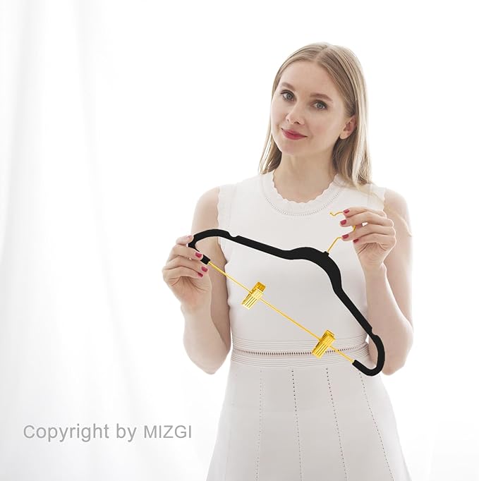 MIZGI Premium Velvet Pants Hangers with Adjustable Clips (Pack of 20) Slim Skirt Hangers- Non Slip Felt Outfit Dress Hangers Black - Gold Hooks,Space Saving Shirt Clothes Hangers