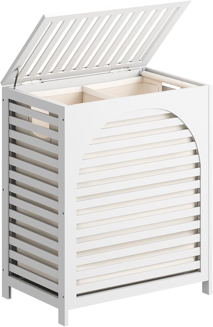 White Laundry Hamper, Laundry Hamper with Lid, 27.3 Gallon (103L) Bamboo Wood Clothes Laundry Basket with Lid and Handles, Removable Liner