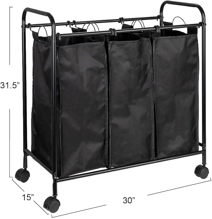 Household Essentials Rolling Triple Laundry Sorter, Black
