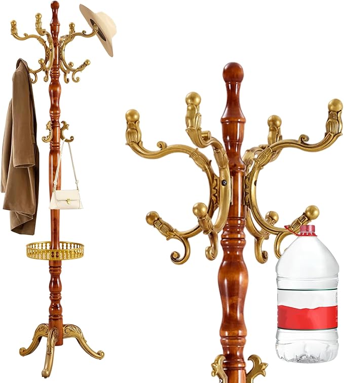 Wooden Coat rack freestanding, Coat racks stand with storage basket, Heavy duty coat tree standing with 11 Hook for Bedroom, Entryway, Hallway, Office,Stury Base (Triangle Begonia)