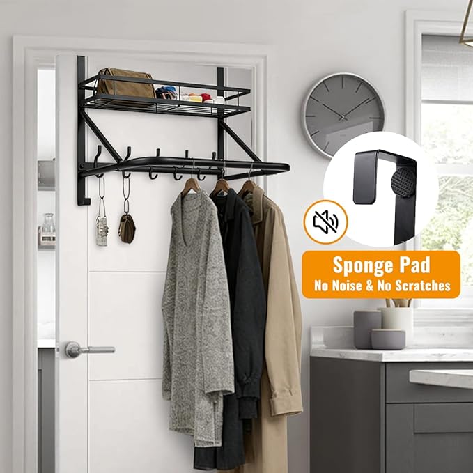 Over The Door Clothes Hanger, Metal Over The Door Hangers for Clothes with 7 Hooks1 Storage Basket For Clothing Hanger Drying Racks for Laundry, Bedroom, Washroom wait（black）