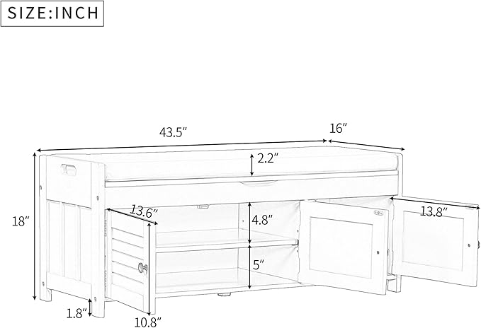 SOFTSEA Storage Bench with 3 Shutter-Shaped Doors Wood Entryway Bench Shoe Bench with Removable Cushion and Hidden Storage