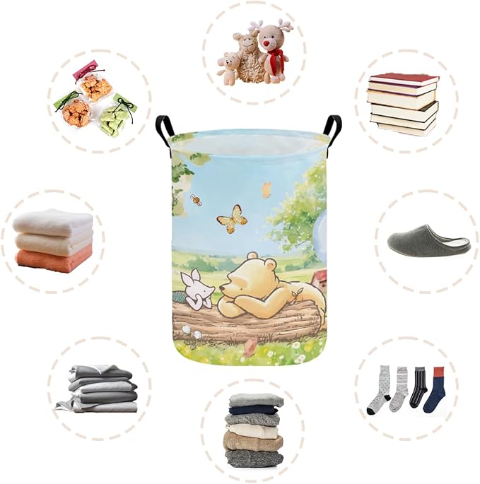 Greatingreat Winnie Foldable Laundry Basket - Small Circular Collapsible Hamper with PE Coating, Baby Laundry Basket & Clothes Organizer for Nursery, Bedroom, Home Storage (Blue)