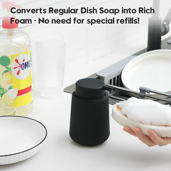 Striped Foaming Hand Soap Dispenser with Leak-Proof Pump for Bathroom and Kitchen Countertop 11oz Black
