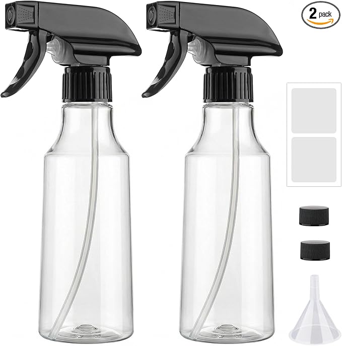 Spray Bottles 12oz/350ml Empty Spray Bottle for Hair Plastic Mist/Stream Spraying Heavy Duty Spray Bottles for Cleaning Solutions, Plants 2 Pack (BlackClear2pcs)