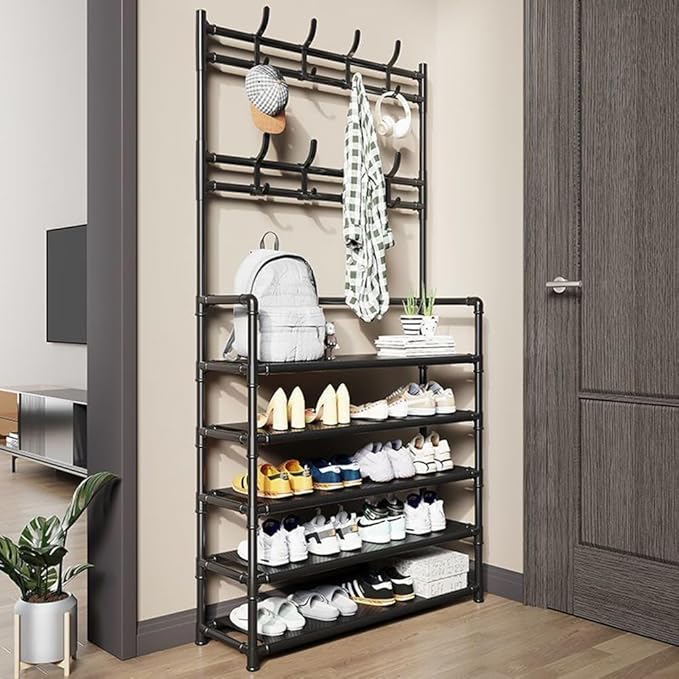 5 Tiers Shoe Rack Coat Rack, Entryway Bench Storage Organizer Multi-Functional Freestanding Shoe Shelf Coat Storage Organizer with 8 Hooks Hat Rack for Entryway Home Door Hallway