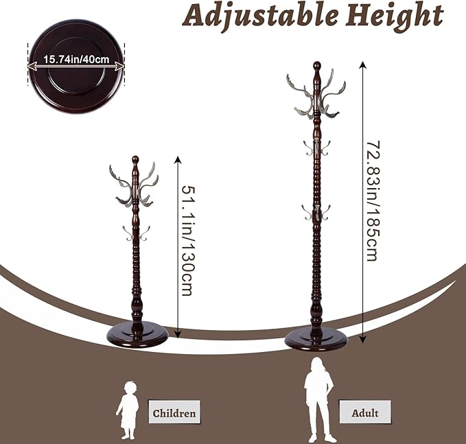 Wooden Coat Rack Freestanding with Resin Hooks, Adjustable Heavy Duty Stand for Hanging Coats, Bags, Hats, and Umbrellas in Living Room, Bedroom, Entryway (Rosewood-Metal Hook)