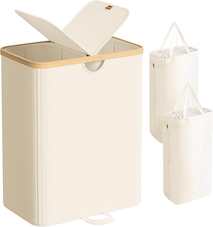 SONGMICS Laundry Hamper with Lids, Laundry Basket with 2 Compartments, 39 Gal. (150 L), Removable Liner Bag, for Laundry Room, Bedroom, Living Room, Cream White and Light Bamboo ULCB523W01