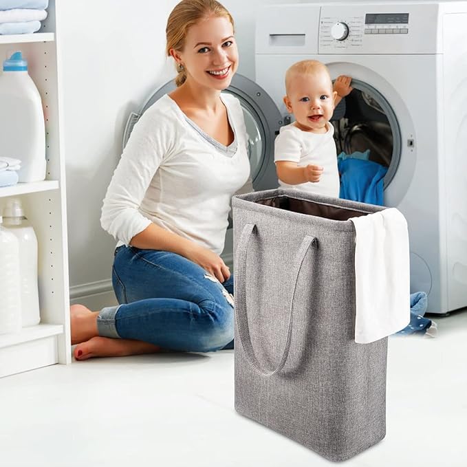 i BKGOO Laundry Basket with Handles Grey Coffee-Slim Laundry Bin Collapsible Dirty Clothes Basket Narrow Laundry Bag Foldable Dirty Hamper for Camping, Dorms, Apartments