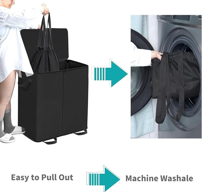 Double Laundry Hamper with Lid and Removable Bags, Laundry Basket 2 Section, Double Hampers for Laundry, Large Divided Hamper, Dual Laundry Hamper 2 Section with Handles Dorm 140L Black