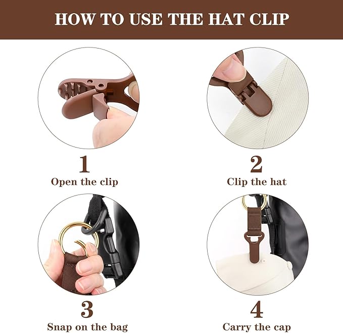 Niveaya Hat Clip for Travel on Bag - 2 Pack, Vacation Beach Cruise Essentials Accessory for Travel Handbag Backpack Luggage, Securely Hold to Keep Hat Shaped, Black+Brown
