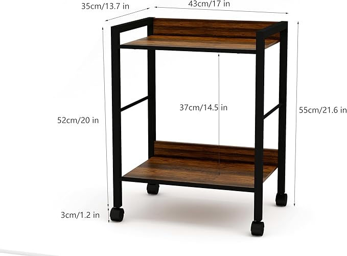 2-Tier Rolling Utility Cart Night Stand Organizer with Brown Wood Shelves and Black Metal Frame, End Side Table Storage Trolley on Wheels for Kitchen Office, Bathroom, Living Room
