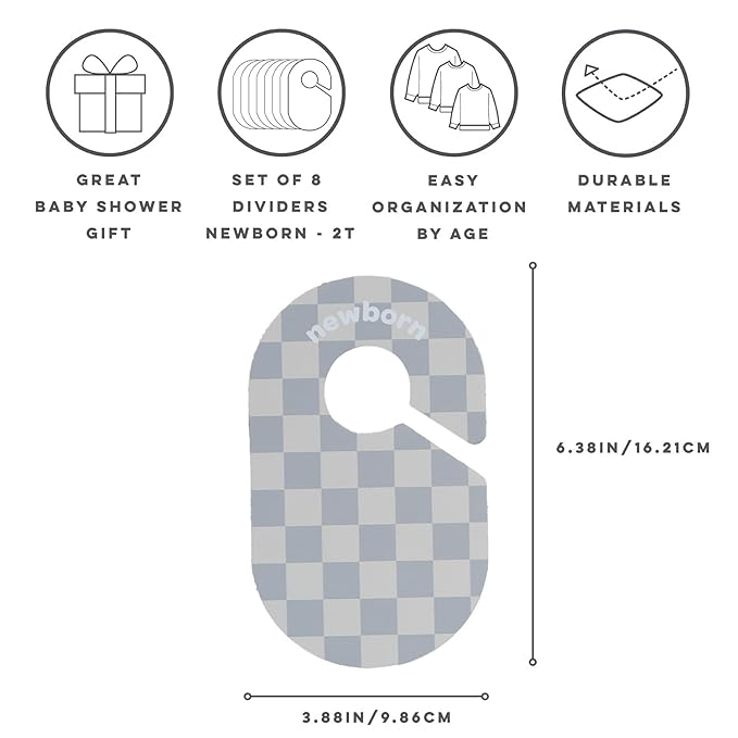 3 Sprouts Baby Closet Dividers Set of 8 - Toddler Clothes Organizer Hanger, Double-Sided Size Labels - Nursery Organization for Newborn Clothing, Infant, Boy & Girl - Checkerboard