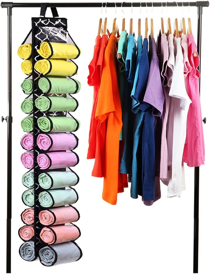 Legging Storage Bag Storage Hanger Can Holds 24 Leggings or Shirts Jeans Compartment Storage Hanger, Foldable Leggings Organizer Clothes Portable Closets Roll Holder(Color-DL)