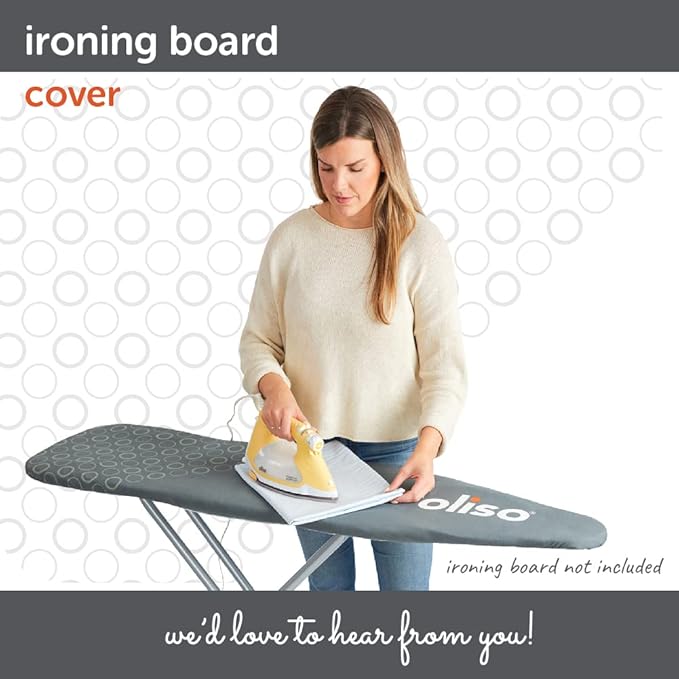 oliso Ironing Board Cover – 100% Cotton with Professional Felt Pad, Fits Standard 54" x 15" Boards – Secure Fit with Wide Elastic Edge & Adjustable Straps – Grey