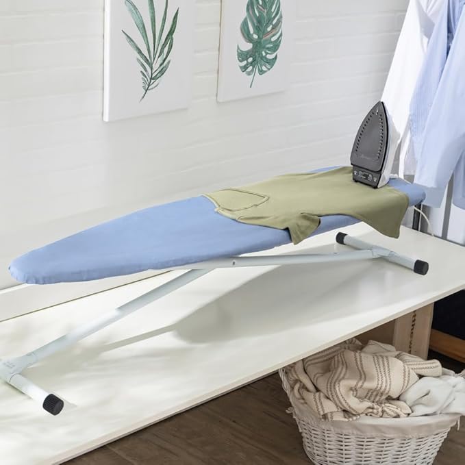Full Size Ironing Board with Cover & Pad – USA-Made with Enhanced Grip Feet for Extra Stability – Adjustable Steel T-Legs 35" H – Perforated Top – Durable Iron Board for Home Laundry Room Light Blue