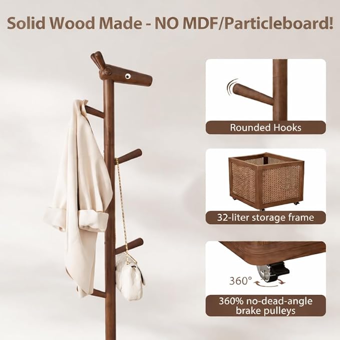 AQIMUELE Narrow Coat Rack，Coat Tree with Storage，Wooden Coat hanger with 6 Hook for Entrance, Bedroom, Living Room，Kids Coat Rack(Walnut)