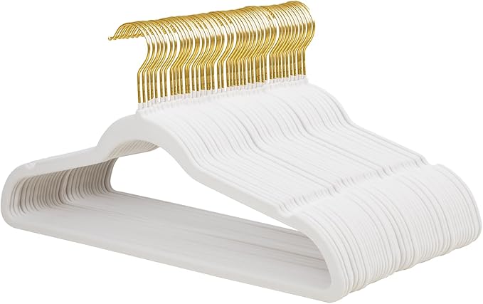 ManGotree Velvet Coat Hangers with 360° Swivel Gold Hook, Non-Slip Felt Suit Hangers, Slim Space Saving Clothes Hanger for Jacket, Sweater, Shirt, Dress, Pants (48 Pack, White)