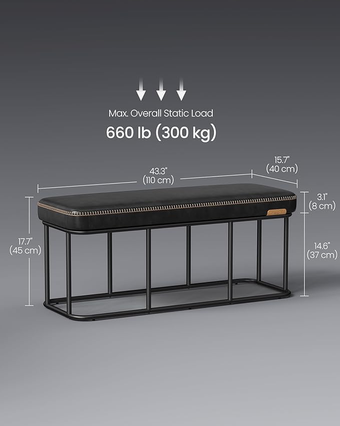VASAGLE EKHO Collection - Storage Bench for Entryway, Ottoman Bench with Steel Frame, 43.3-Inch Wide, Synthetic Leather, Living Dining Room, Mid-Century Modern, Loads 660 lb, Ink Black ULOM085B01