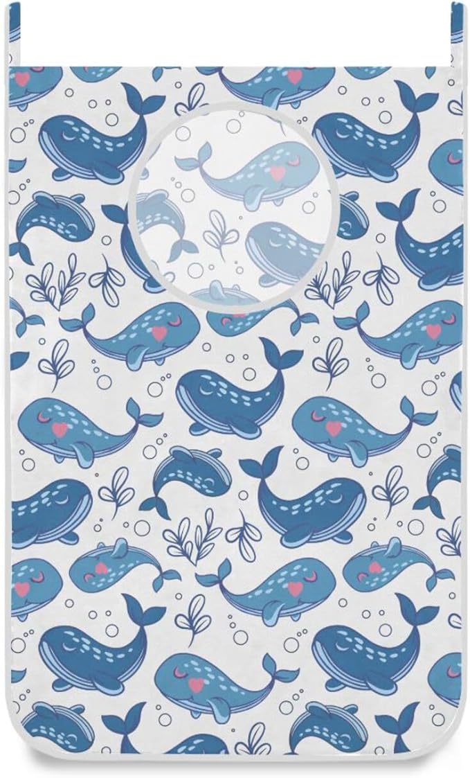 Hanging Laundry Hamper Over Door with Stainless Steel Hooks Dirty Clothes Hamper Bag 29.5X20inch 2PCS Cute Whale