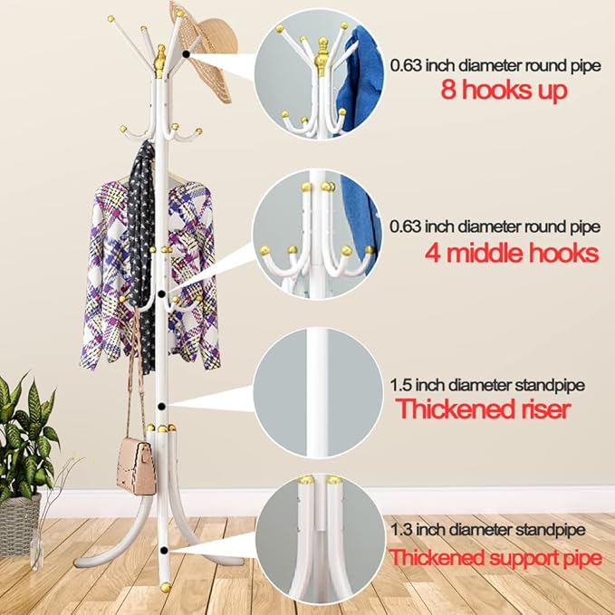 Free-Standing Coat Rack Metal Stand Hanger 12-Hooks Organizer, Hall Tree Entry-Way Furniture for Hanging Up Jacket, Hand-Bag, Cloth, Hat, Winter Scarf Holder for Home or Office Floor White