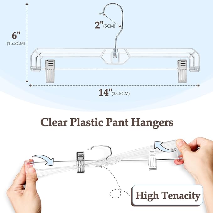 HOUSE DAY Clear Skirt Hangers with Clips, Non-Slip Plastic Pant Hanger with 2 Adjustable Clips, Upgraded Clip Hanger for Pants, Skirts, Shorts, 14" Clear Hangers 10 Pack, 360-Rotating Swivel Hook
