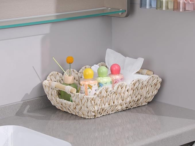 Small Scalloped Basket,Boho Decortive Wicker basket with Wooden Handle,Hand-Woven Wicker Storage Baskets for Organizing,Shelves,Snack,Display,2 Pack