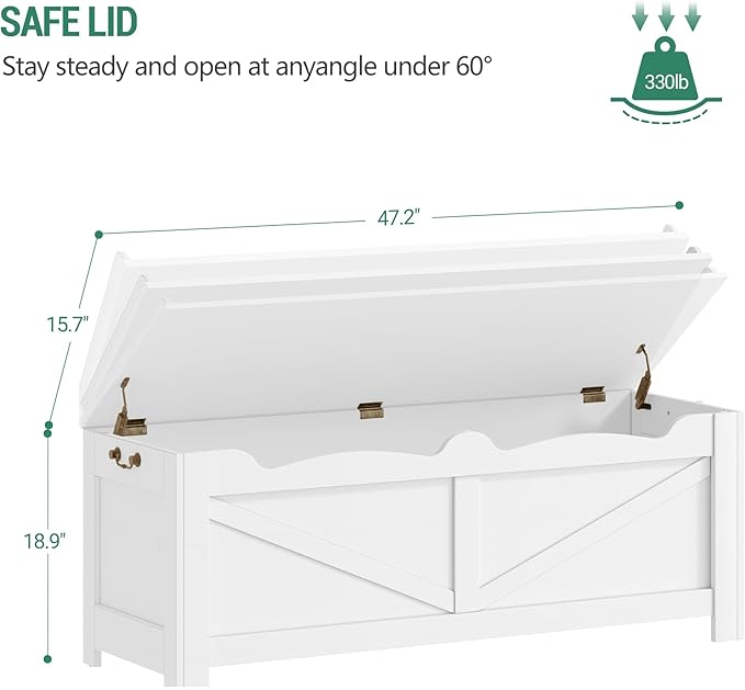 47.2" Storage Chest, Extra Large Storage Trunk with 2 Hinges, Wooden Box Bench, Lift-Top Organizer Chest, Shoe Bench for Entryway, Bedroom, Living Room, White SB14503X