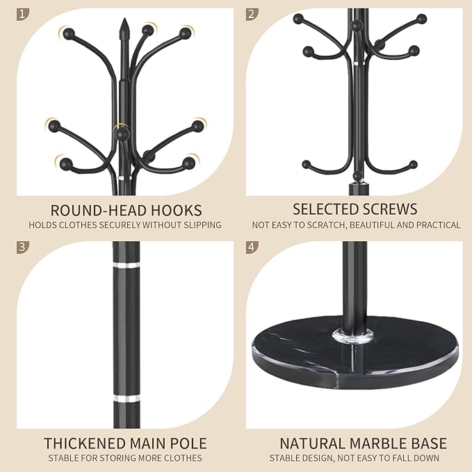 Metal Coat Rack Stand, Modern Freestanding Coat Rack with Natural Marble Base, Black Coat Racks and Coat Hall Tree Hanger Stand for Entryway, Hallway, Office (12 HOOKS)