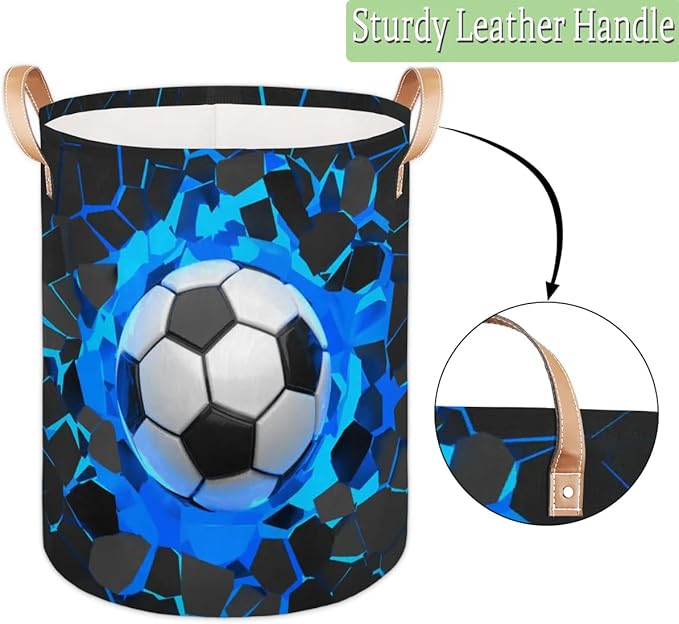 Sport Football Large Laundry Basket - Blue Soccer Kids Laundry Hamper with Handles - Collapsible Dirty Clothes Organizer Boys Toy Storage Bin Nursery Hamper for Bedroom Bathroom Decor