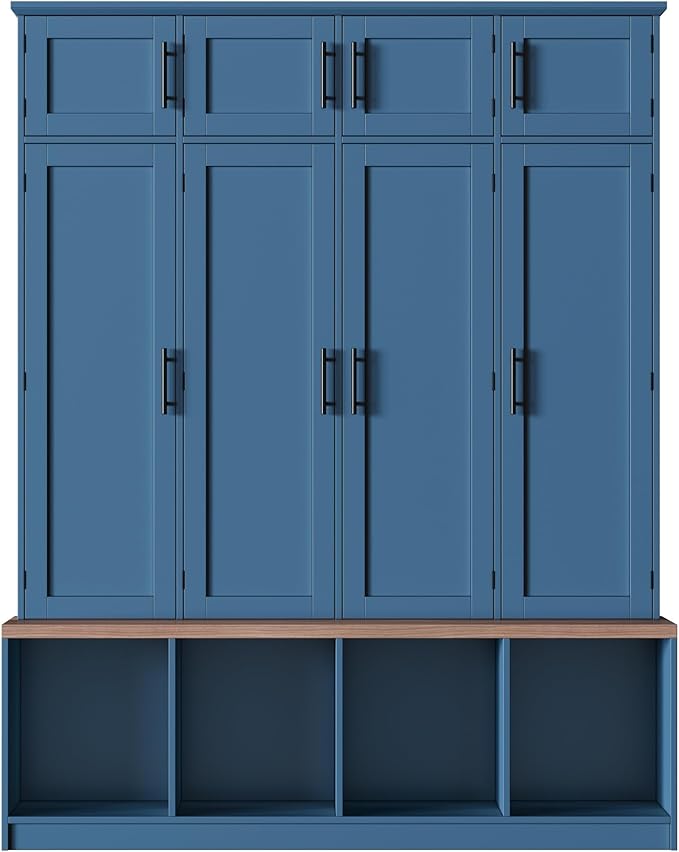 75" H Farmhouse Hall Tree with Storage, Versatile 4-in-1 Coat Hanger with 4 Hidden Hanging Hooks, 8 Doors, Entryway Shoe Cabinet with Open Compartments for Living Room