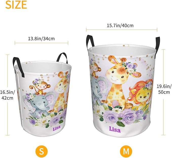 Purple Flower Animals Personalized Laundry Hamper Custom with Name Collapsible Waterproof Storage Basket with Handles for Bedroom Decor Gift.
