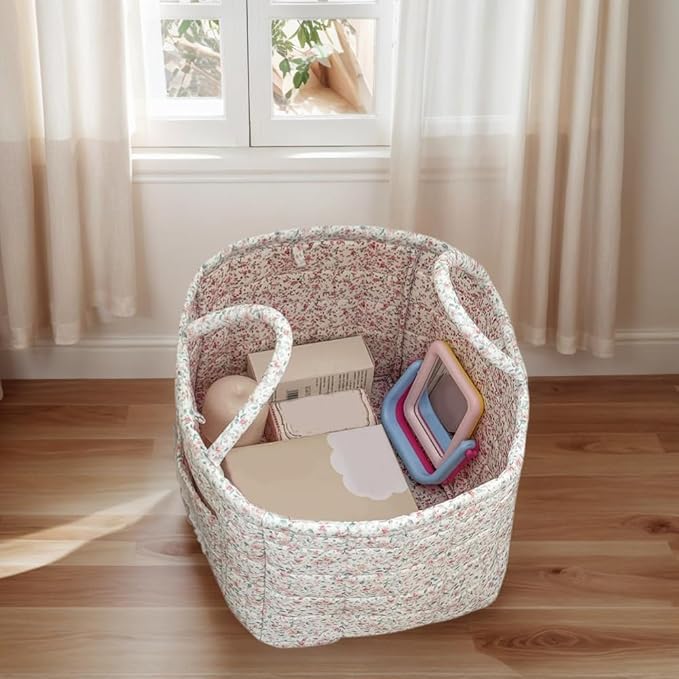 Quilted Fabric Storage Basket Boho Floral Laundry Baskets with Handles Collapsible Quilted Soft Basket for Car, Clothes, Toys Storage