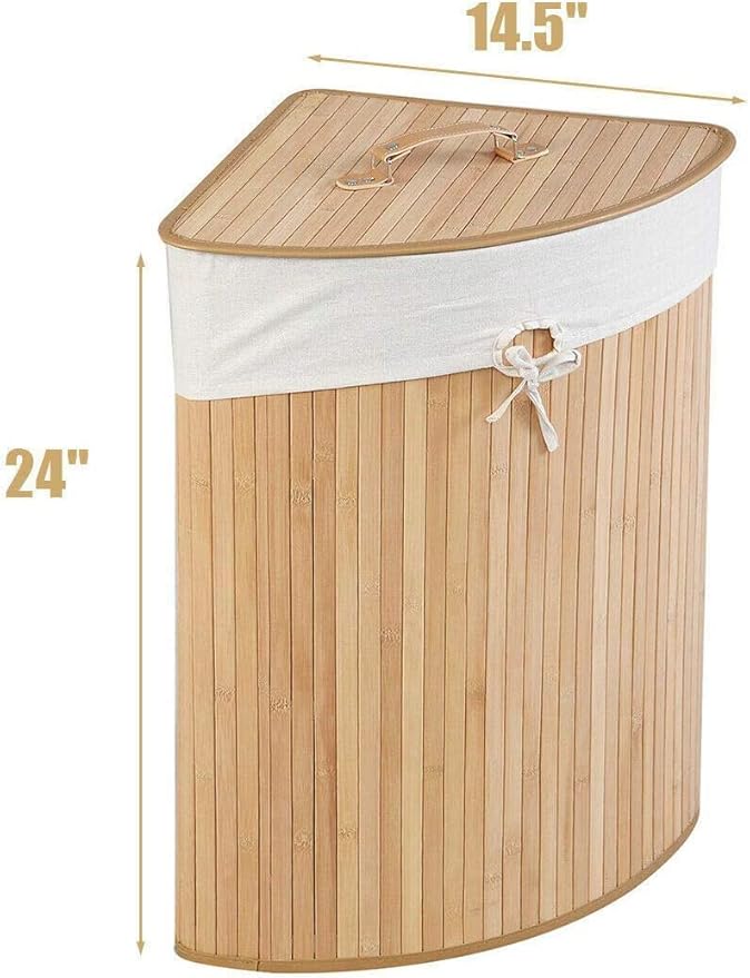 GOFLAME Corner Bamboo Laundry Hamper with Lid and Removable Liner, Washing Clothes Basket Storage Bin with Handle, Suitable for Bedroom, Bathroom, Laundry (Natural)