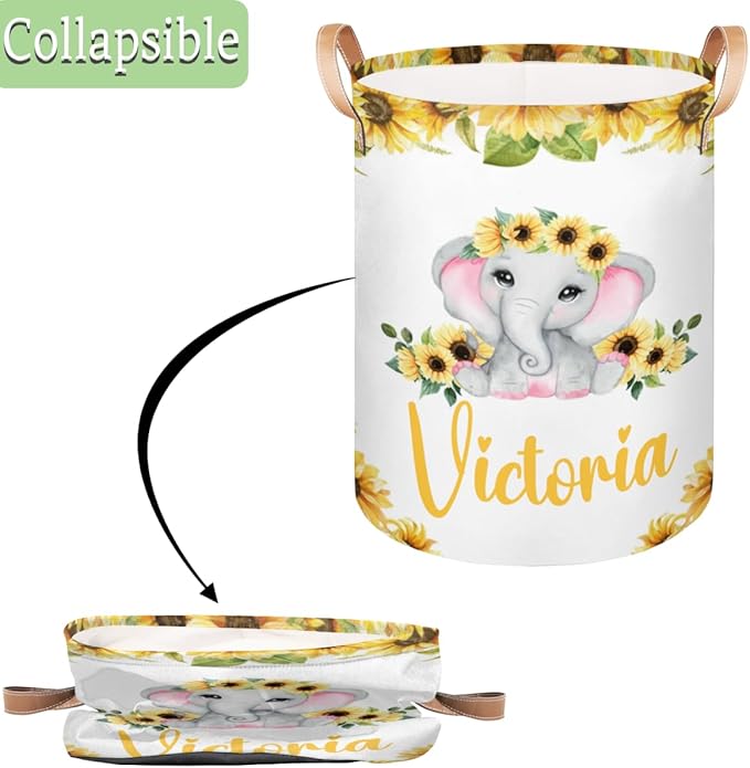 Personalized Laundry Basket, Custom Gift Laundry Hamper, Collapsible Nursery Waterproof Laundry Baskets, Dirty Clothes Toy Hamper with Handles Elephant Sunflower