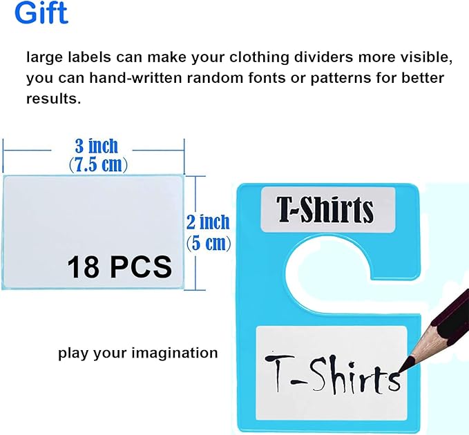 10 Pack White Clothing Rack Size Dividers Plus 45 Labels (1 Inch) and 18 Large Blank Labels, Large Rectangular Clothing Closet Dividers (Blue)