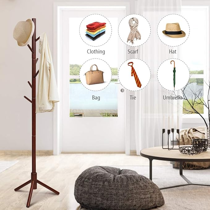 Tangkula Coat Rack Freestanding, Rubber Wood Coat Stand with 8 Hooks, Height Adjustable Entryway Coat Tree Coat Hanger Stand for Home Office Hall Entryway