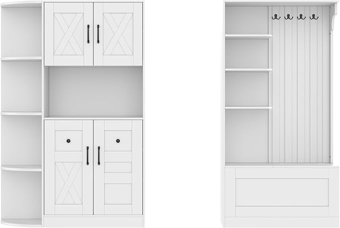 66" H Hall Tree with 4 Hooks, Open Shelving and Flip Hidden Shelf, Multifunctional Left-Right Combination Coat Rack (can be Used Separately), Entryway Bench for Living Room, Hallway