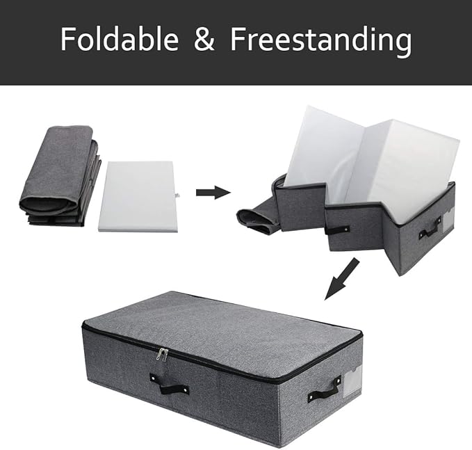 AMJ 29.5"*15"*7", Rigid Under Bed Garment Storage Bins, Folding & Washable, Soft Zip Lid, Black Gray